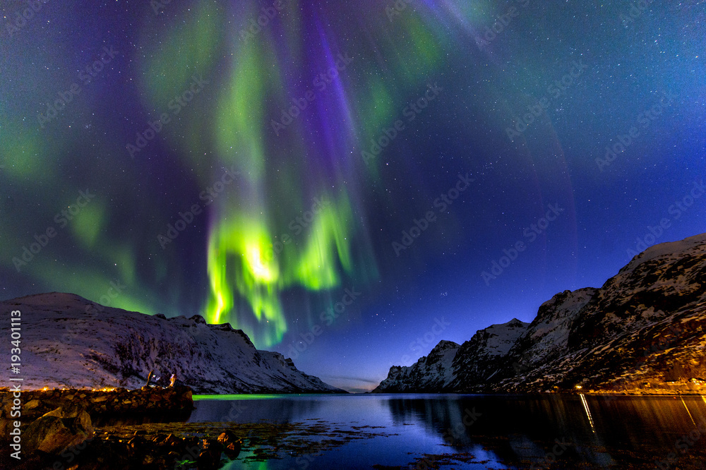 The polar lights in Norway . Ersfjord. Tromso 
