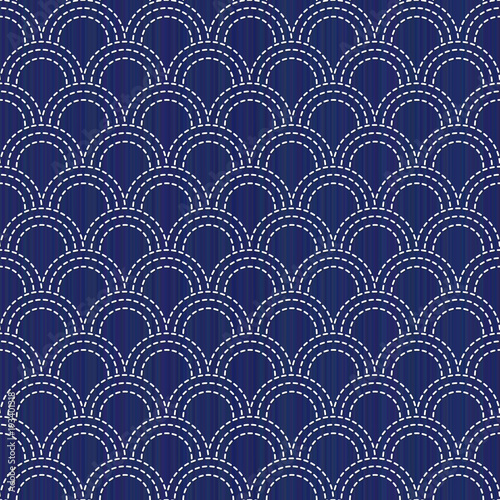 Kimono pattern. Sashiko. Abstract seamless texture. Classic japanese quilling motif (stylized fish scales). Geometric background. Needlework texture. For handiwork, decoration or printing on fabric.