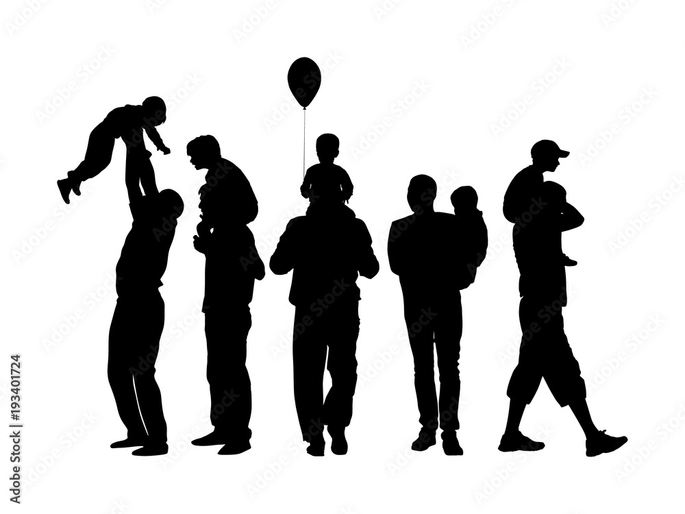 Fathers day set, group of family people vector silhouette isolated on background. Father and son.  Father carrying his son on shoulders, dad carrying little boy with balloon.