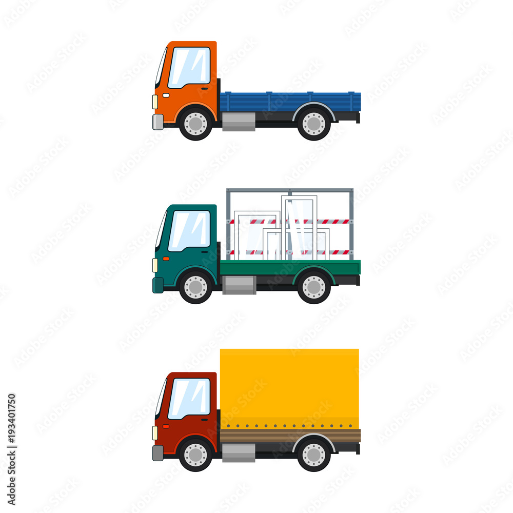 Set of Small Cargo Trucks Isolated, Orange Mini Lorry without Load, Car with Windows, Closed Truck, Transport and Logistics, Delivery Services, Vector Illustration
