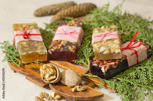 marmelade bars with nuts  granola organic snacks with fruits 