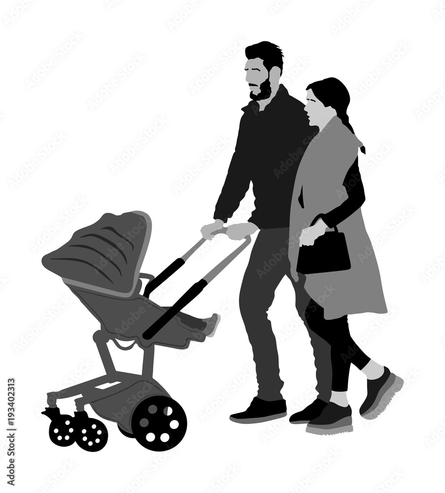 Happy family, parents walking outdoor with baby and pram, vector isolated on white background. Baby carriage. Fathers day. Mothers day. Happy family, parents walking outdoor with baby and pram, vector isolated on white background. Baby carriage. Fathers day. Mothers day.