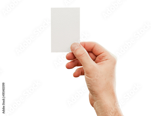 Male hand holding business card, mockup, isolated on white