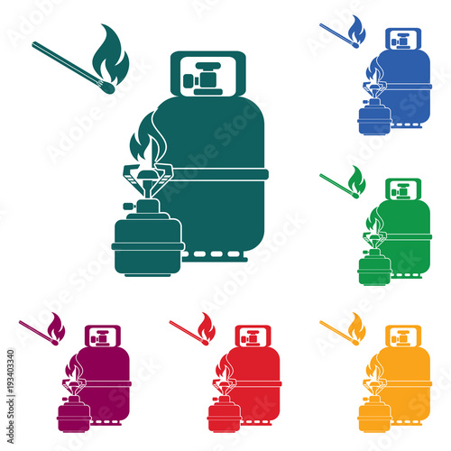 Camping stove with gas bottle icon vector