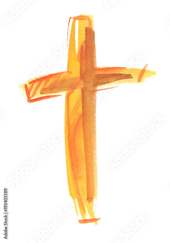 Simple abstract golden cross painted in watercolor on clean white background