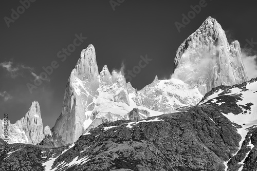 Black and white picture of the Fitz Roy Mountain Range, Los Glaciares National Park, Argentina.