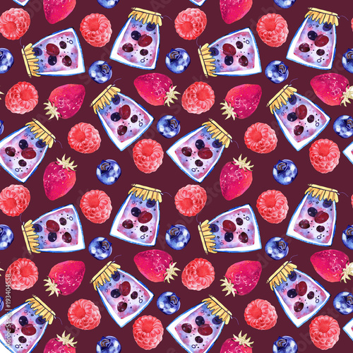 Seamless pattern of a sweet berry jam. Watercolor illustration.