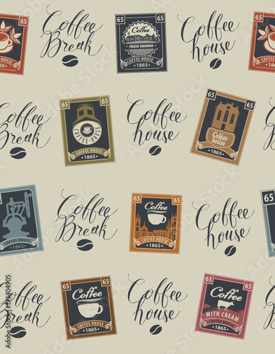 Vector seamless pattern with postage stamps and handwritten inscriptions on coffee and coffeehouse theme in retro style on beige background. Can be used as wallpaper or wrapping paper