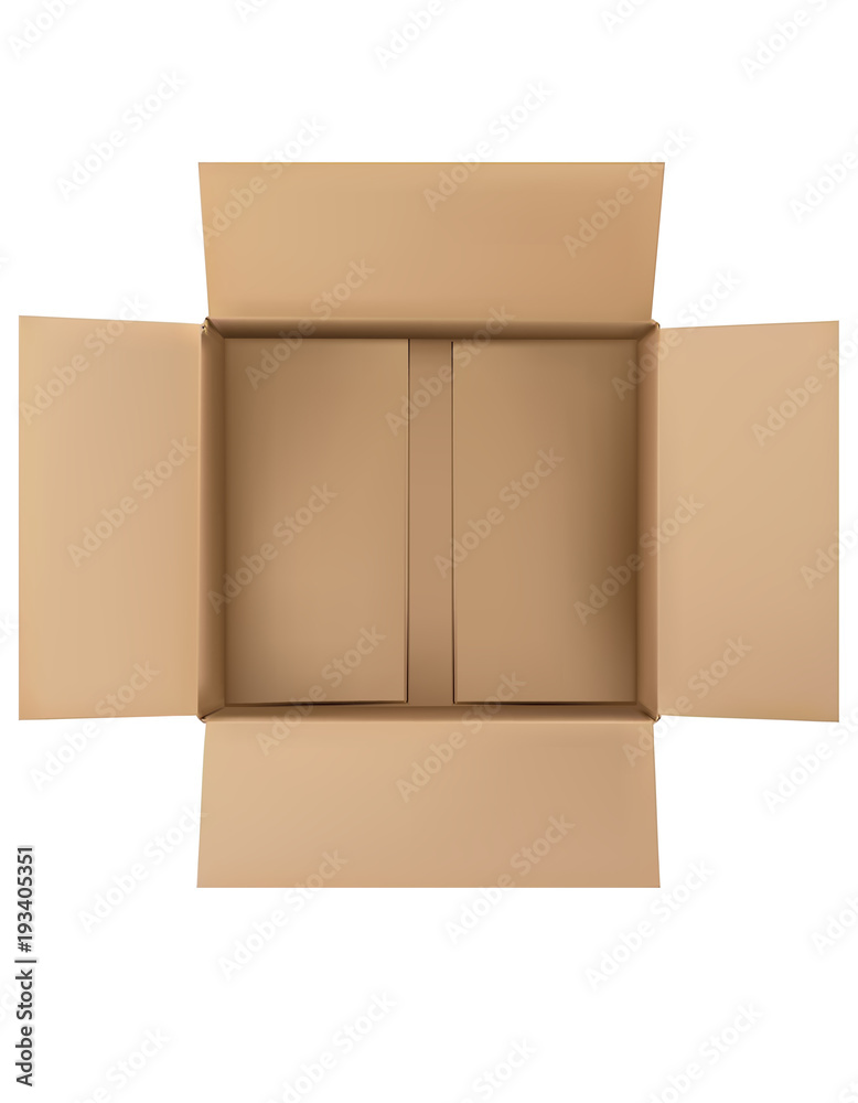 Open plain brown blank cardboard box isolated on white. Top view. Vector 3d illustration. Open plain brown blank cardboard box isolated on white. Top view. Vector 3d illustration.