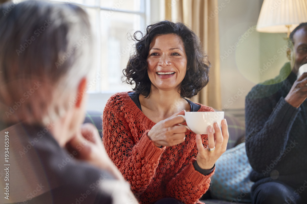 Middle Aged Woman Meeting Friends Around Table In Coffee Shop Middle Aged Woman Meeting Friends Around Table In Coffee Shop