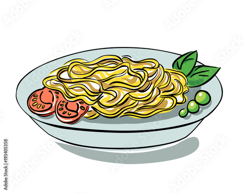 pasta vector illustration, spaghetti on plate with vegerable, hand drawn image