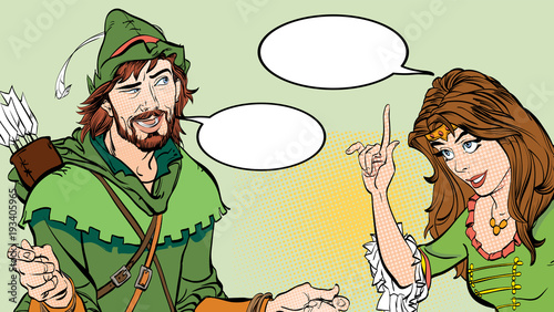 Man and woman. Princess teaching Robin Hood. Teaching princess. Lady in medieval dress. Medieval legend. Medieval woman. Robin Hood.