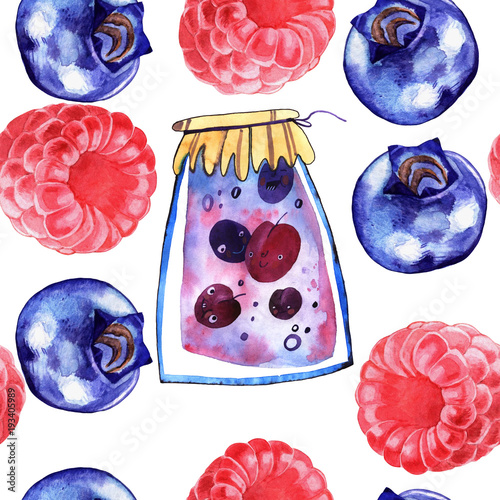 Seamless pattern of a sweet berry jam. Watercolor illustration.