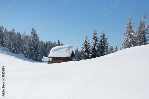 Eingeschneite Skihütte. Winterlandschaft in den österreichischen Alpen © Olha Sydorenko