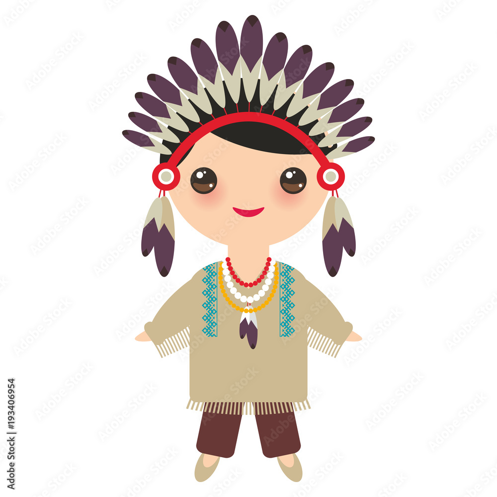 American indians Kawaii boy in national costume. Cartoon children in traditional dress Indigenous peoples of the Americas isolated on white background. Vector American indians Kawaii boy in national costume. Cartoon children in traditional dress Indigenous peoples of the Americas isolated on white background. Vector