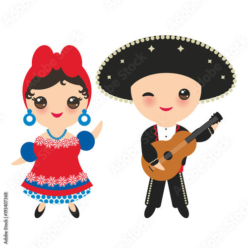 Cubans boy and girl in national costume and hat. Cartoon children in traditional Cuba dress, guitar. Isolated on white background. Vector