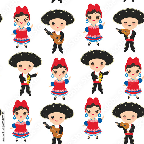 Seamless pattern Cubans boy and girl in national costume and hat Cartoon children in traditional Cuba dress, Mariachi group Musical guitar, viola, violin, trumpet. Isolated on white background. Vector