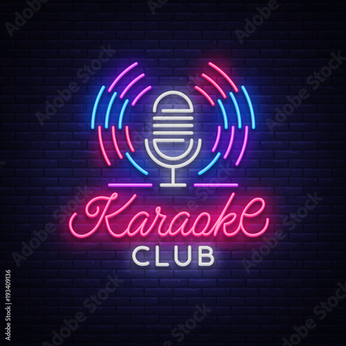 Karaoke Club Logo in Neon Style. Neon sign, bright nightly neon advertising Karaoke. Light banner, bright night billboard. Vector illustration