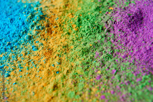 close up of colorful holi powder, traditional Indian festival of colours