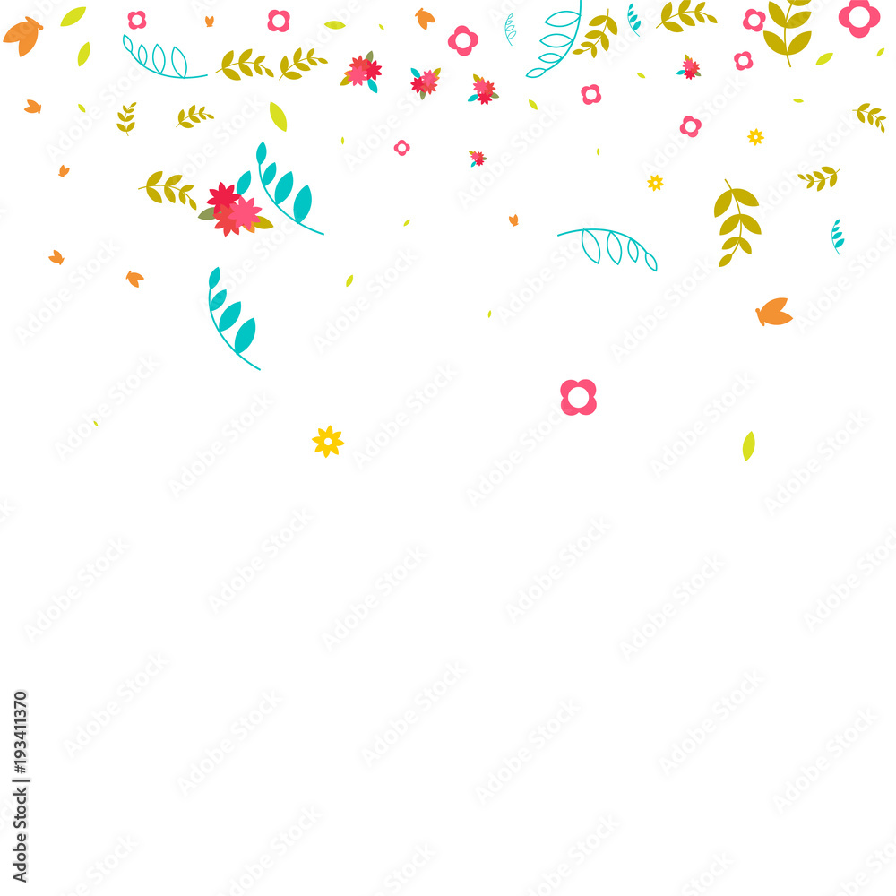 Floral Spring and Summer Vector Wallpaper with Tiny Flowers, Leaves, Butterflies, Green Branches. Easter, Mother's Day, 8 March, Birthday, Wedding Background. Cute Botanical Border, Frame, Wreath.