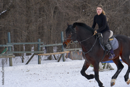 A girl on a horse jumps gallops. A girl trains riding a horse in a small paddock. A cloudy winter day.