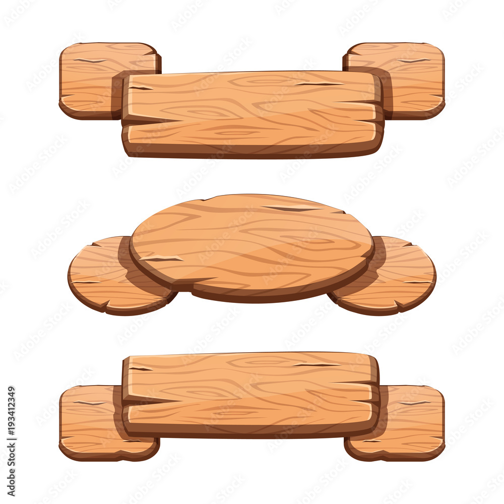 Vector set with cartoon wooden ribbons for game assets, ui development. GUI banners. Vector set with cartoon wooden ribbons for game assets, ui development. GUI banners.