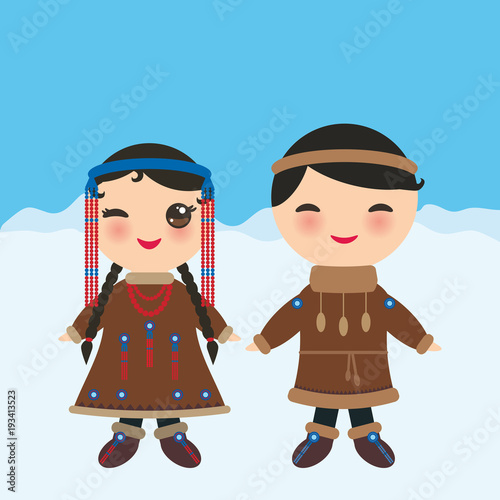 Chukcha Yakut Eskimos boy and girl in national costume and hat. Cartoon children in traditional alaska dress. Landscape Snow, ice, sky. Vector
