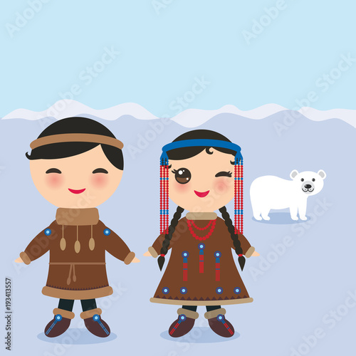 Chukcha Yakut Eskimos boy and girl in national costume and hat. Cartoon children in traditional alaska dress. Landscape Snow, ice, polar bear, sky. Vector
