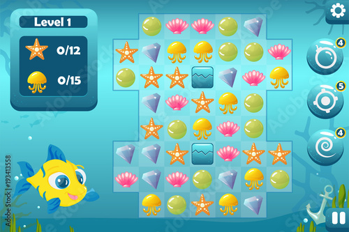 Match Three Game Interface for Underwater World