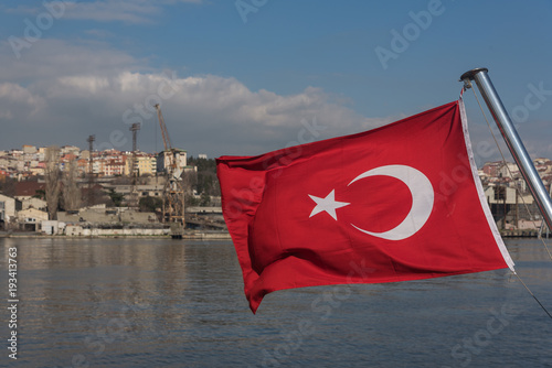 Turkey flag and Istanbul view - travel background