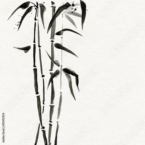 Fototapeta Naklejka Na Ścianę i Meble -  Bamboo trees in Japanese style. Watercolor hand painting illustration