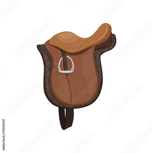 English saddle, brown leather, equestrian professional sport equipment vector Illustration