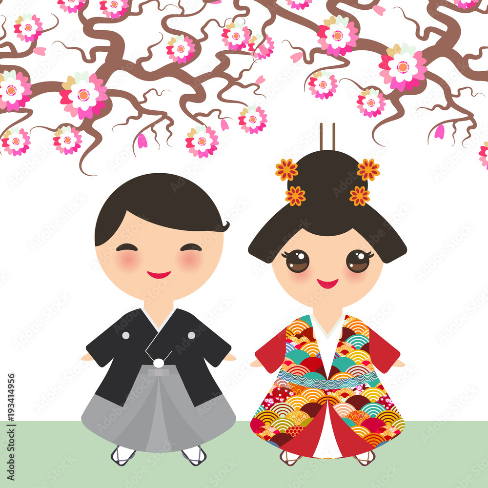 Japanese boy girl in national costume kimono, Cartoon children in traditional dress. Sakura flowers blossom pink Cherry tree brown branches card banner design pastel colors on white background. Vector Japanese boy girl in national costume kimono, Cartoon children in traditional dress. Sakura flowers blossom pink Cherry tree brown branches card banner design pastel colors on white background. Vector