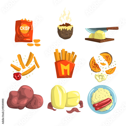 Potato food dishes set, snacks and cooked potato products vector Illustrations