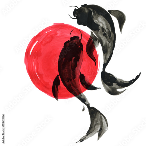 Koi fishes in Japanese painting style. Traditional Beautiful watercolor hand drawn illustration