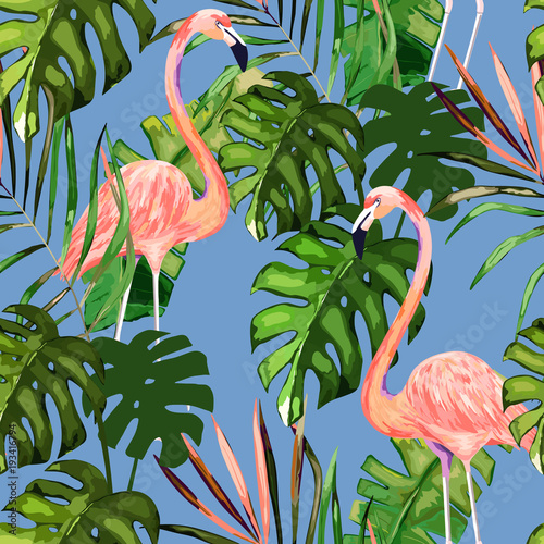 Summer seamless pattern with flamingo, palm leaves. Tropical vector illustration