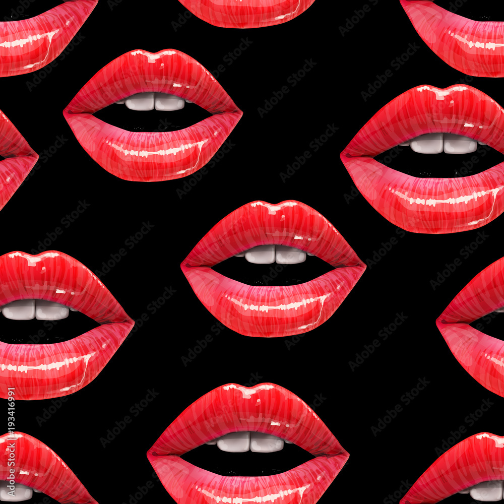 Obraz premium Seamless pattern of red sexy lips on black background. Vector lipstick or lip gloss 3d realistic design. Fashion illustration