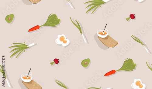 Hand drawn vector abstract modern cartoon cooking time fun illustrations icons seamless pattern with vegetables,food and kitchen utensils isolated on grey background