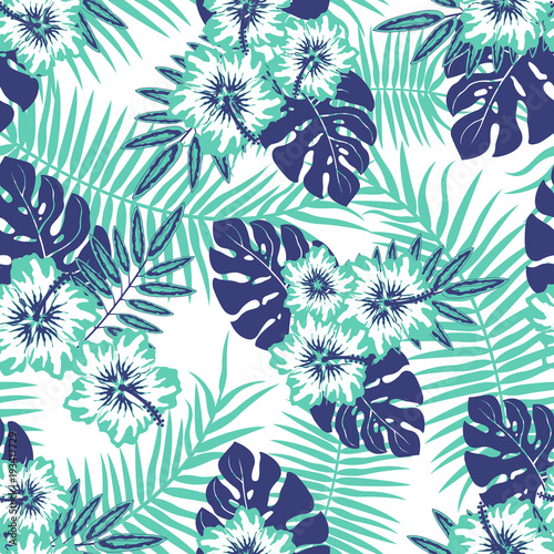 Seamless Vector Pattern of Summery Tropical flowers and leaves ideal for creating wallpapers  fabric patterns  clothing prints  labels  crafts and other projects