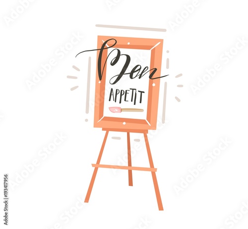 Hand drawn vector abstract modern cartoon cooking concept illustrations poster card with restaurant easel and handwritten calligraphy Bon appetit isolated on white background