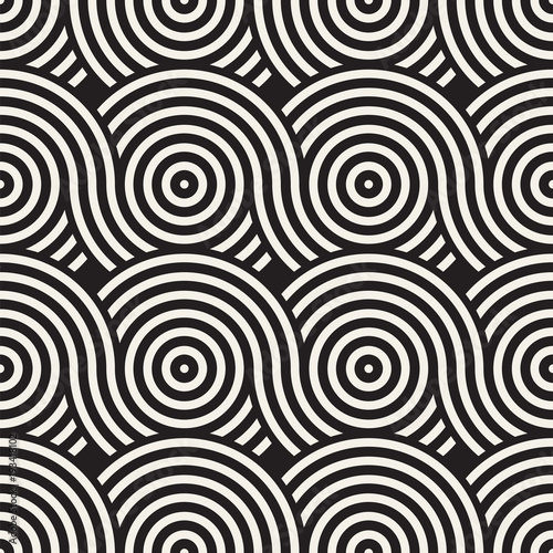 Vector seamless rounded lines texture. Modern geometric circular shape background. Monochrome repeating pattern.