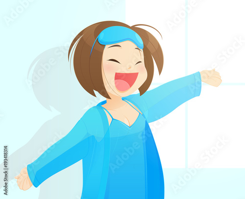 Girl in blue nightgown enjoys sunny morning. Woman wakes up from sleep. Good morning at room. Vector illustration design.