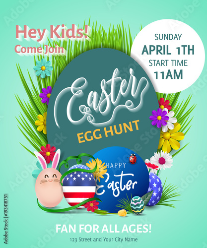 Easter poster. Vector illustration. Easter egg hunt invitation flyer or poster. Kids concept poster invitation easter party.