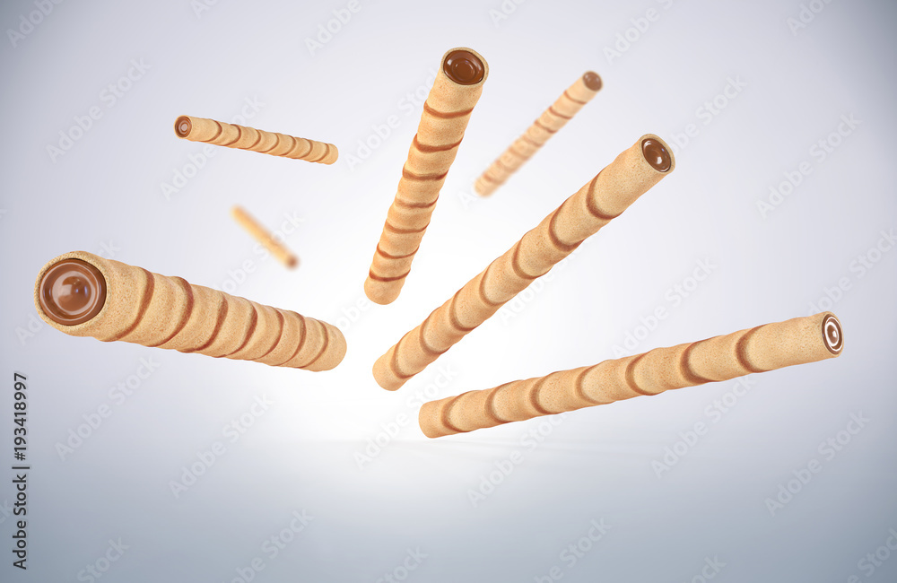 crispy cream filled wafer sticks With Cocoa or Chocolate - obrazy, fototapety, plakaty 