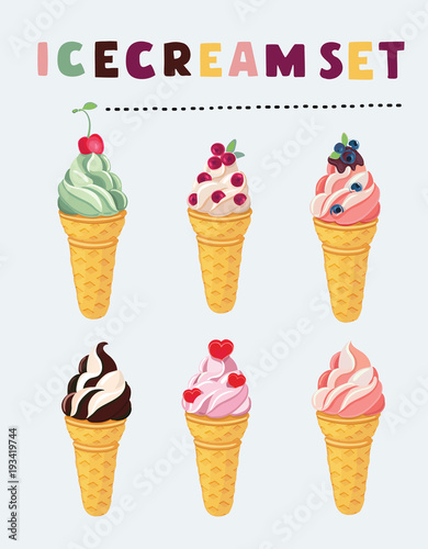 Set of ice cream in different flavors illustration