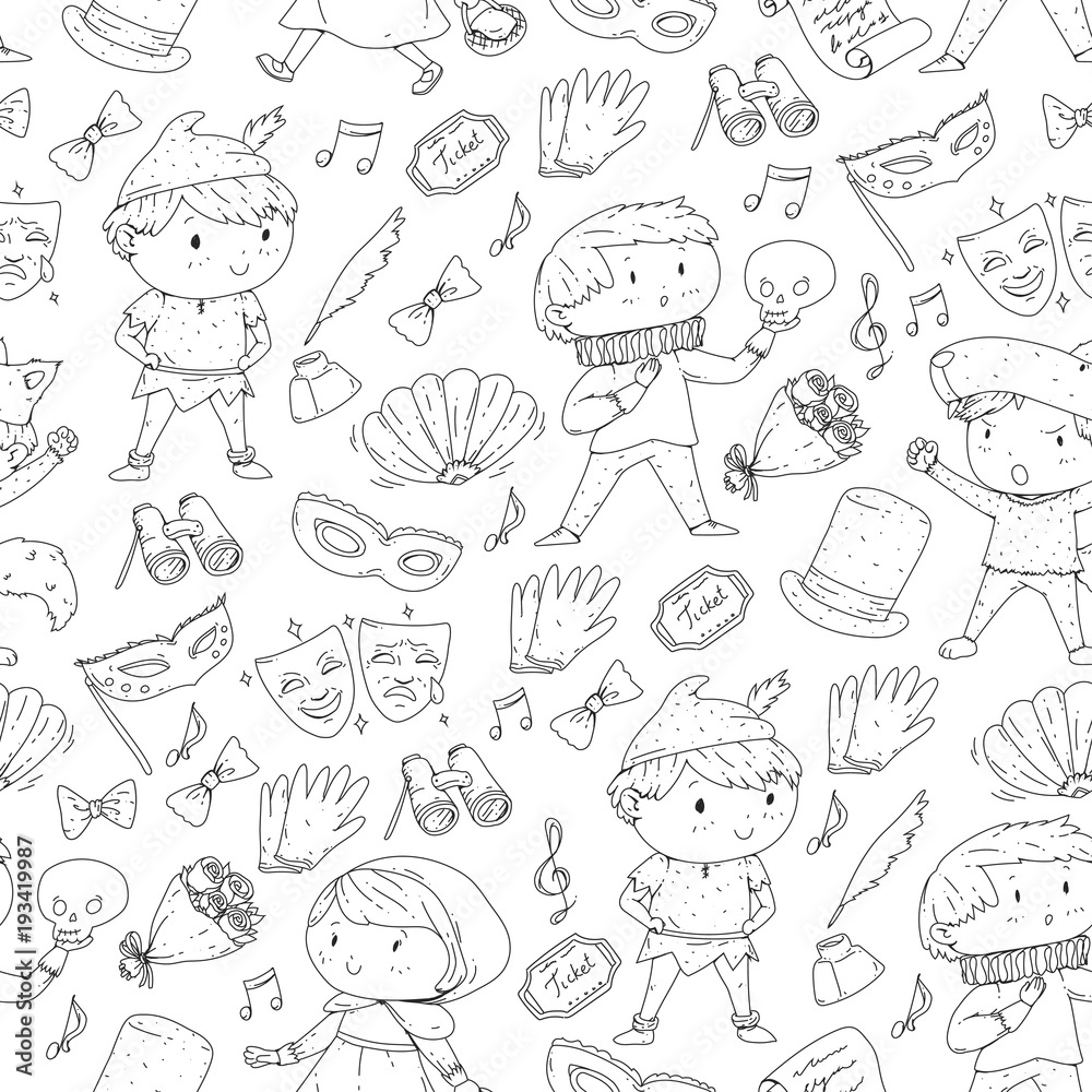 Children theatre patterns. Elements for design on the theatre. Collection of kids theatre symbols: mask, ticket, binocular. KIndergarten or school children perfomance. Doodle icons. Vector.