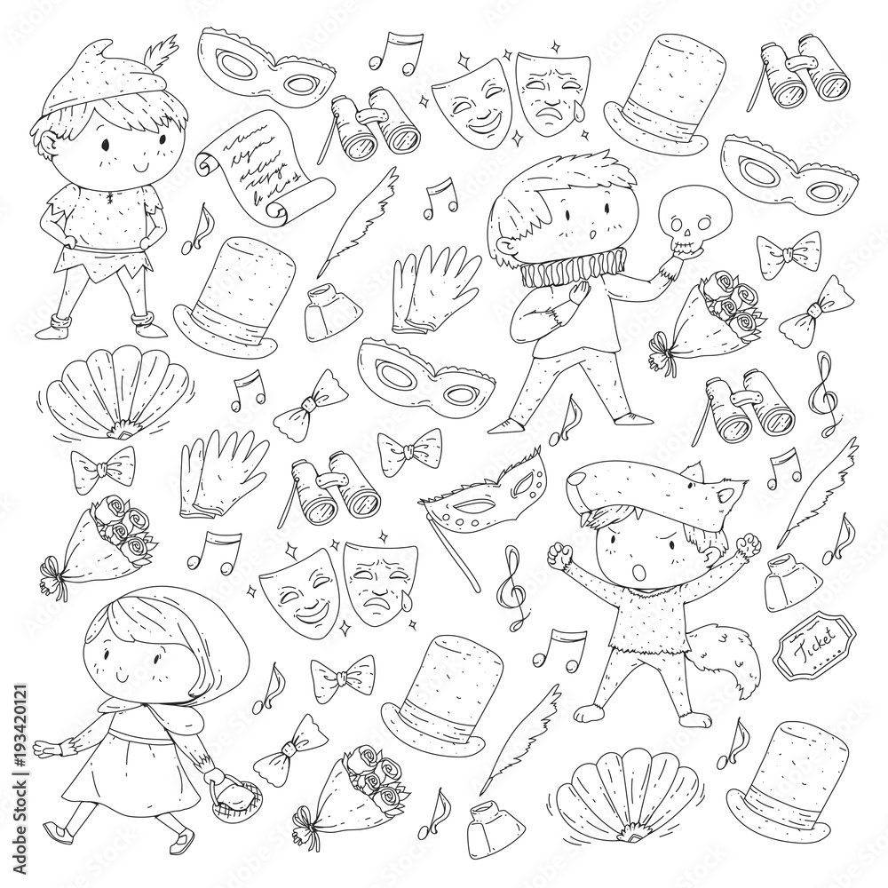 Children theatre patterns. Elements for design on the theatre. Collection of kids theatre symbols: mask, ticket, binocular. KIndergarten or school children perfomance. Doodle icons. Vector. Children theatre patterns. Elements for design on the theatre. Collection of kids theatre symbols: mask, ticket, binocular. KIndergarten or school children perfomance. Doodle icons. Vector.