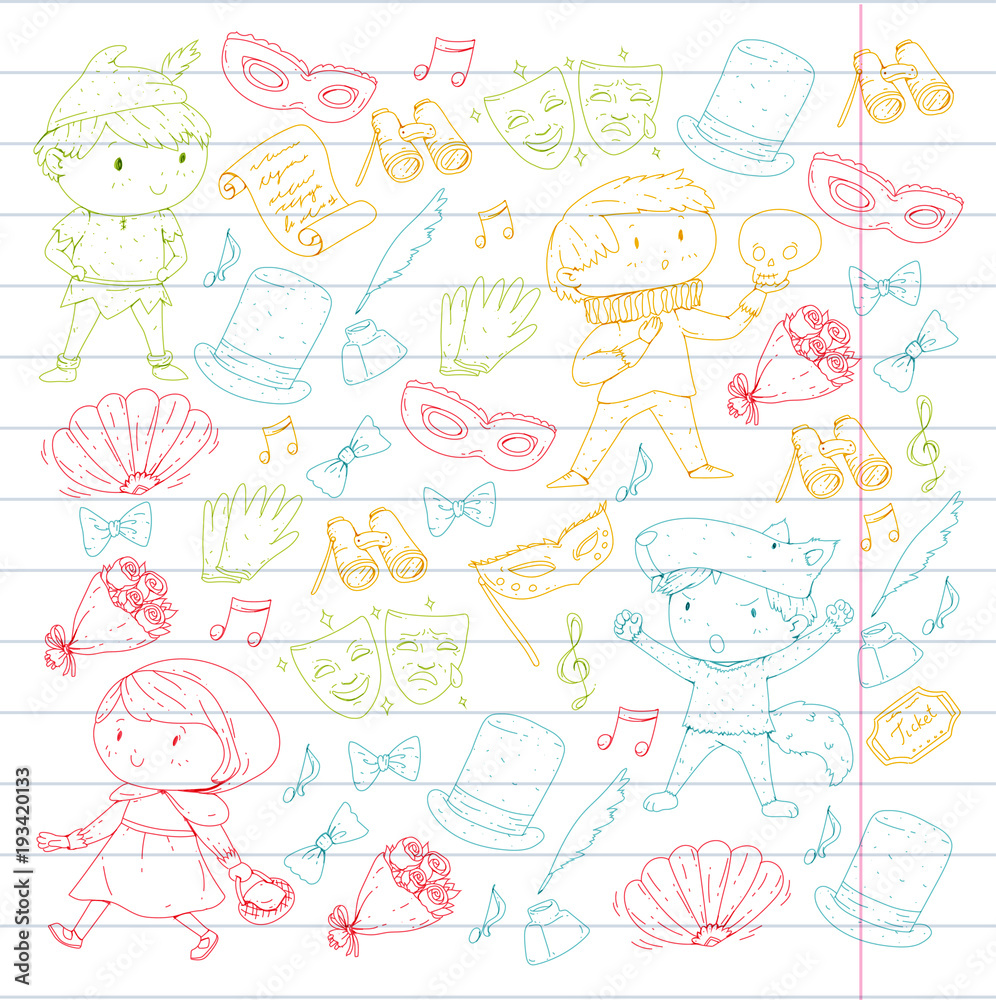 Children theatre patterns. Elements for design on the theatre. Collection of kids theatre symbols: mask, ticket, binocular. KIndergarten or school children perfomance. Doodle icons. Vector.