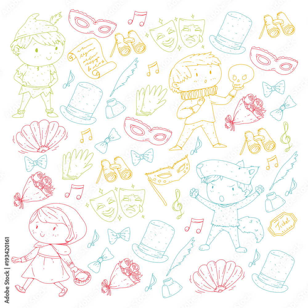 Children theatre patterns. Elements for design on the theatre. Collection of kids theatre symbols: mask, ticket, binocular. KIndergarten or school children perfomance. Doodle icons. Vector. Children theatre patterns. Elements for design on the theatre. Collection of kids theatre symbols: mask, ticket, binocular. KIndergarten or school children perfomance. Doodle icons. Vector.