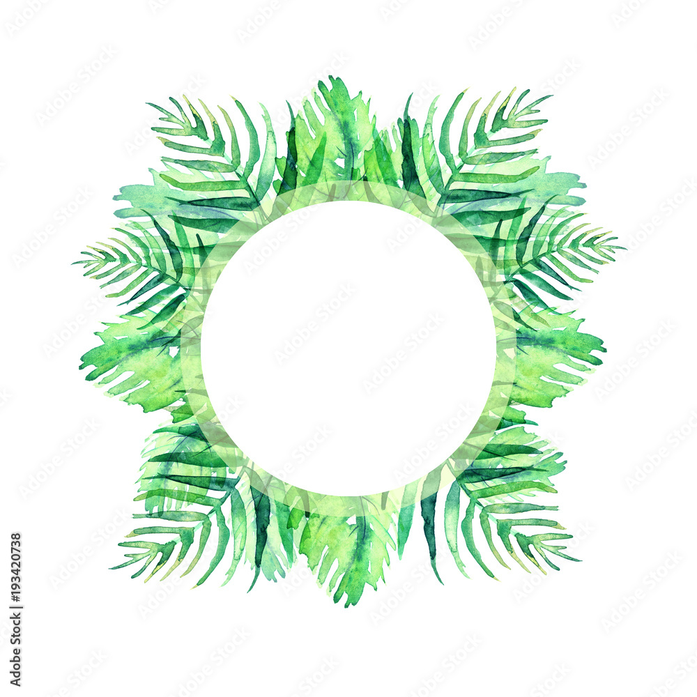 Watercolor frame tropical leaves and branches isolated. Palm leaf background, postcard. Green tropical palm leaf,fern. Illustration for design wedding invitations, greeting cards. Round logo, label. Watercolor frame tropical leaves and branches isolated. Palm leaf background, postcard. Green tropical palm leaf,fern. Illustration for design wedding invitations, greeting cards. Round logo, label.